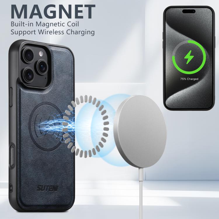 For iPhone 14 Plus Suteni G5 Cowhide Leather MagSafe Magnetic Phone Case(Blue)