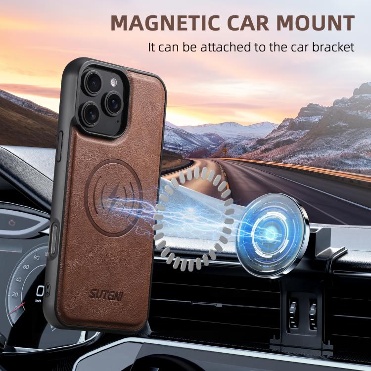 For iPhone 13 Pro Max Suteni G5 Cowhide Leather MagSafe Magnetic Phone Case(Brown)