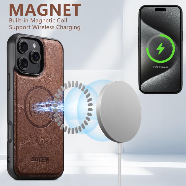 For iPhone 13 Suteni G5 Cowhide Leather MagSafe Magnetic Phone Case(Brown)