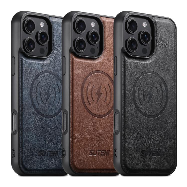 For iPhone 15 Plus Suteni G5 Cowhide Leather MagSafe Magnetic Phone Case(Blue)