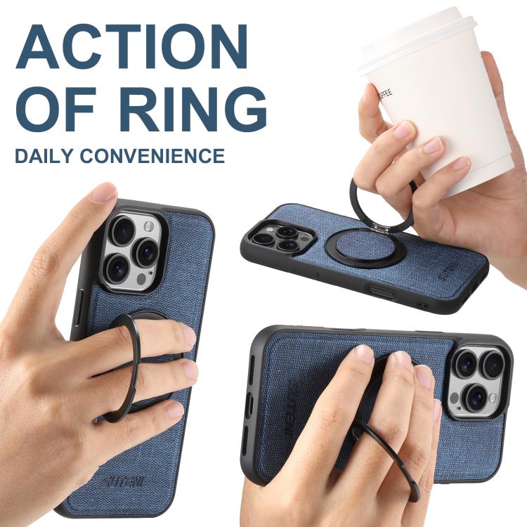 For iPhone 16 Suteni G3 360 Rotation Holder MagSafe Denim Leather Back Phone Case(Blue)