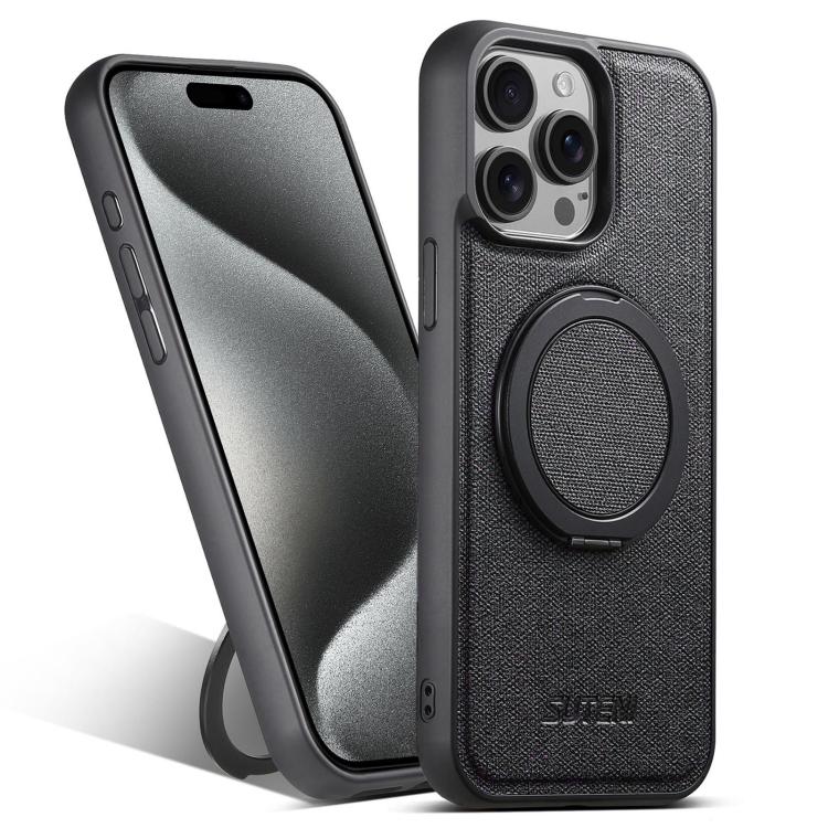 For iPhone 15 Pro Max Suteni G3 360 Rotation Holder MagSafe Denim Leather Back Phone Case(Black)
