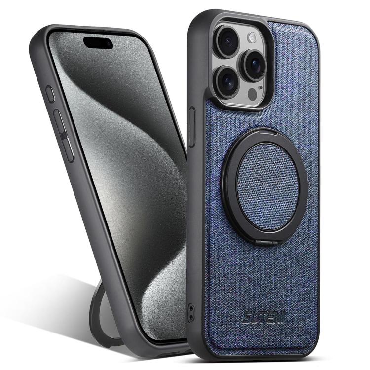 For iPhone 15 Pro Max Suteni G3 360 Rotation Holder MagSafe Denim Leather Back Phone Case(Blue)