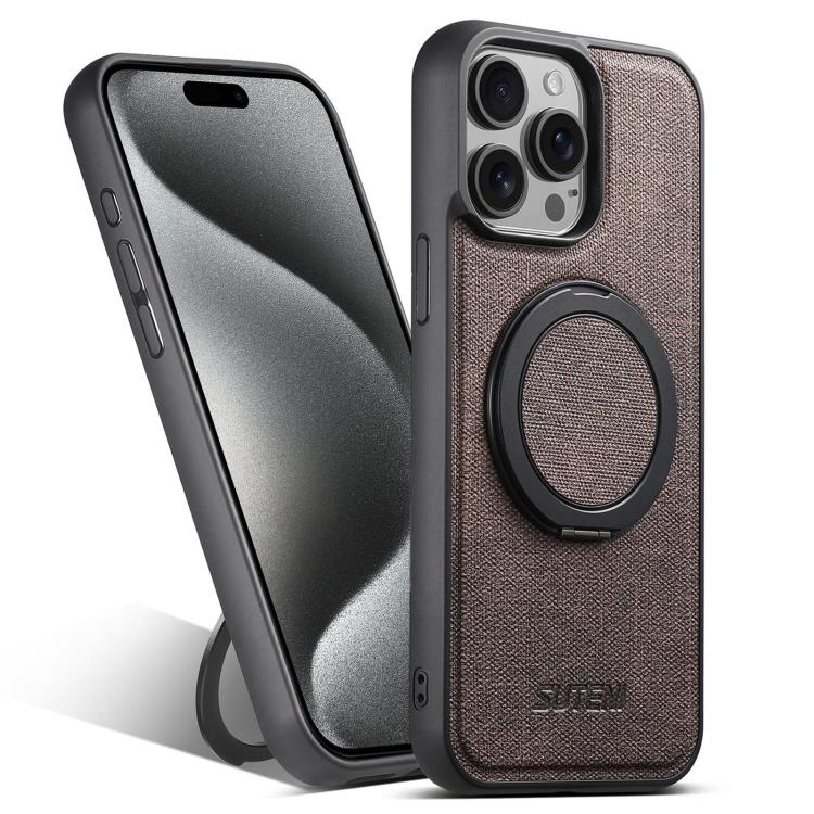 For iPhone 15 Pro Suteni G3 360 Rotation Holder MagSafe Denim Leather Back Phone Case(Brown)