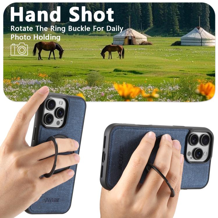 For iPhone 15 Plus Suteni G3 360 Rotation Holder MagSafe Denim Leather Back Phone Case(Blue)