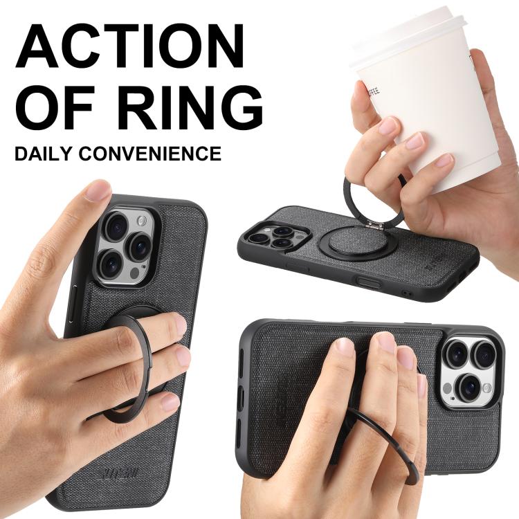 For iPhone 15 Suteni G3 360 Rotation Holder MagSafe Denim Leather Back Phone Case(Black)