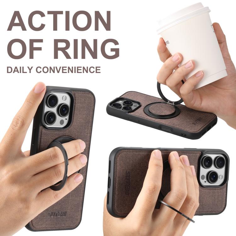For iPhone 14 Plus Suteni G3 360 Rotation Holder MagSafe Denim Leather Back Phone Case(Brown)