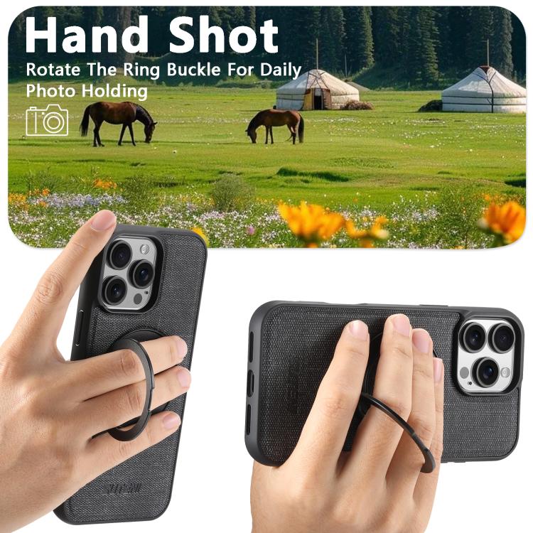 For iPhone 14 Suteni G3 360 Rotation Holder MagSafe Denim Leather Back Phone Case(Black)