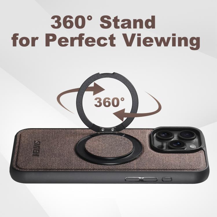 For iPhone 14 Suteni G3 360 Rotation Holder MagSafe Denim Leather Back Phone Case(Brown)