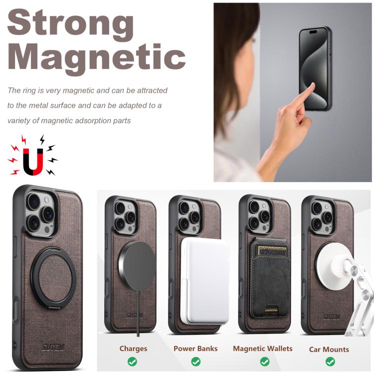 For iPhone 14 Pro Suteni G3 360 Rotation Holder MagSafe Denim Leather Back Phone Case(Brown)
