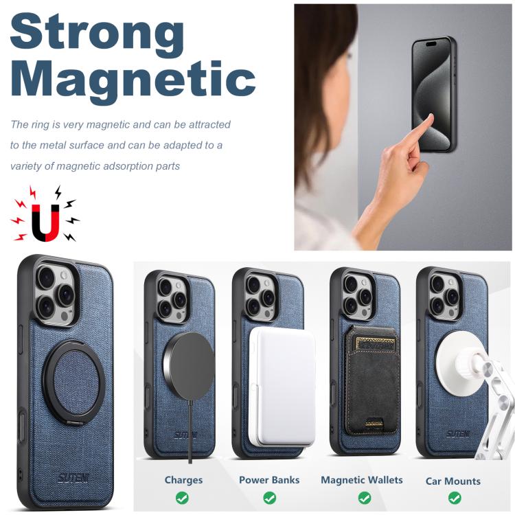 For iPhone 14 Pro Suteni G3 360 Rotation Holder MagSafe Denim Leather Back Phone Case(Blue)