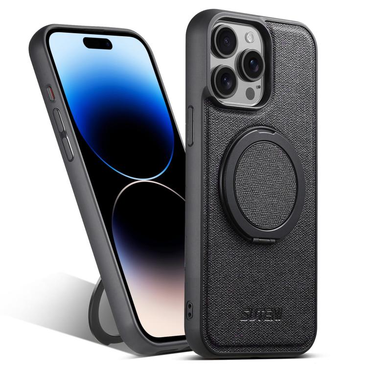 For iPhone 14 Pro Max Suteni G3 360 Rotation Holder MagSafe Denim Leather Back Phone Case(Black)