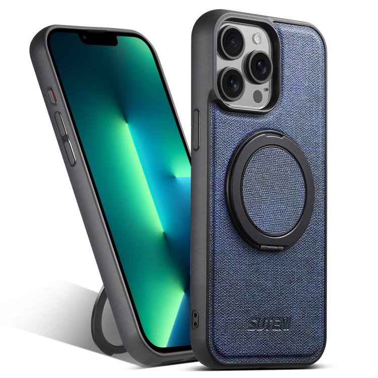 For iPhone 13 Pro Max Suteni G3 360 Rotation Holder MagSafe Denim Leather Back Phone Case(Blue)