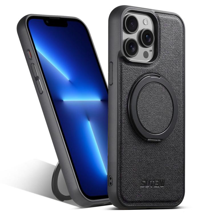 For iPhone 13 Pro Suteni G3 360 Rotation Holder MagSafe Denim Leather Back Phone Case(Black)