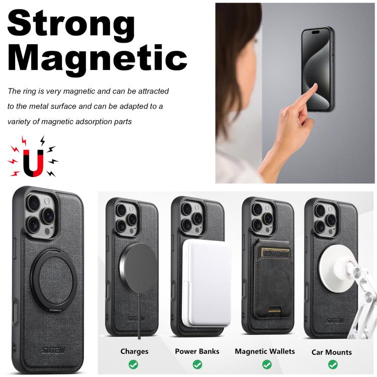For iPhone 12 Suteni G3 360 Rotation Holder MagSafe Denim Leather Back Phone Case(Black)