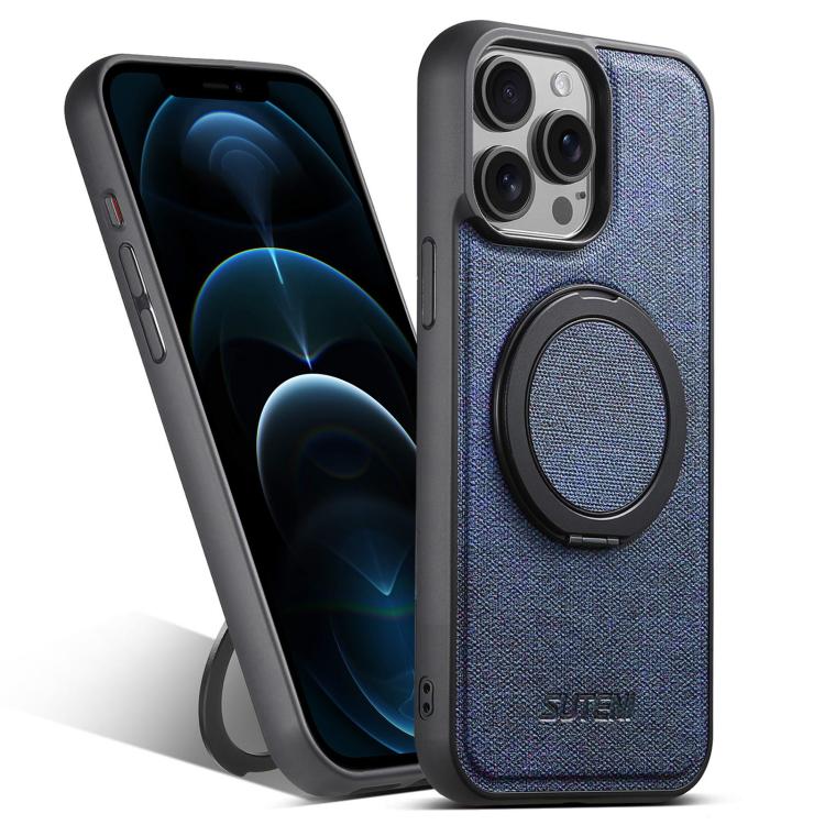 For iPhone 12 Pro Max Suteni G3 360 Rotation Holder MagSafe Denim Leather Back Phone Case(Blue)