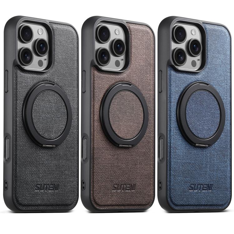 For iPhone 14 Pro Suteni G3 360 Rotation Holder MagSafe Denim Leather Back Phone Case(Black)