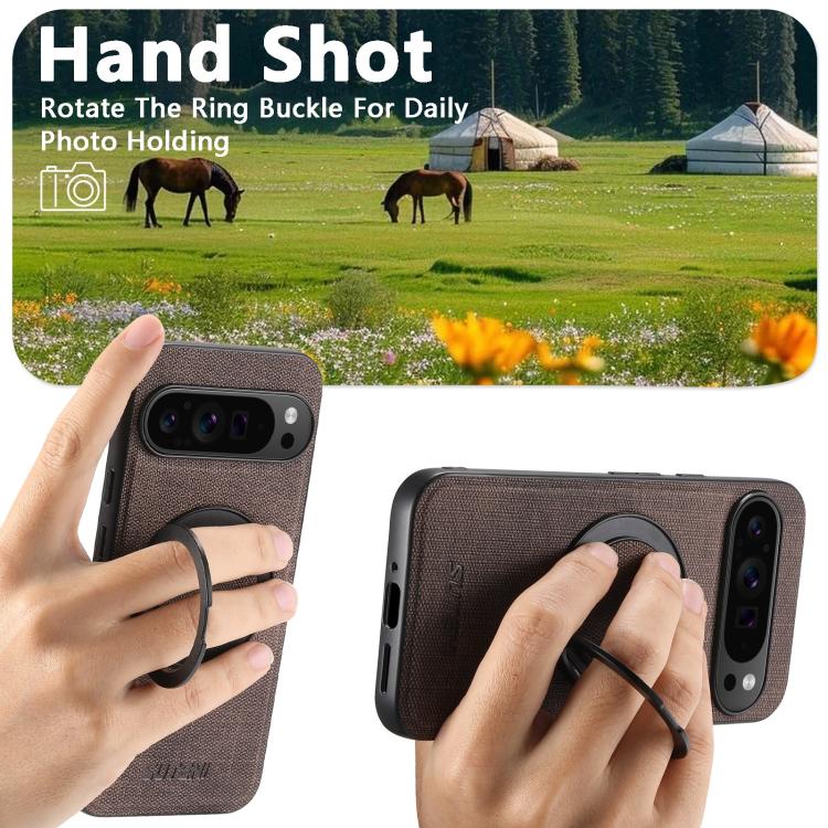 For Google Pixel 10 Pro Suteni G3 360 Rotation Holder MagSafe Denim Leather Back Phone Case(Brown)