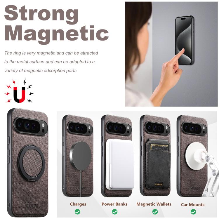 For Google Pixel 10 Pro Suteni G3 360 Rotation Holder MagSafe Denim Leather Back Phone Case(Brown)