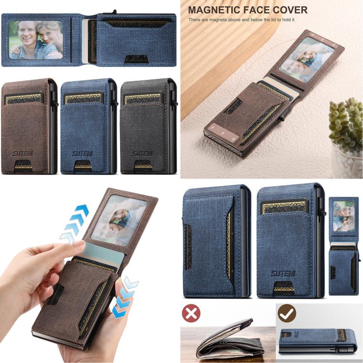 Suteni Denim Pattern Button Automatically Pops Out the Card Box(Black)