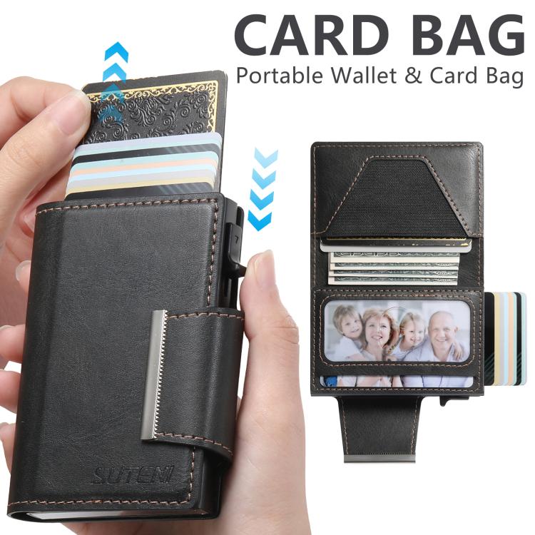 Suteni oil wax-patterned left and right buckle buttons automatically pop out the card box(Black)