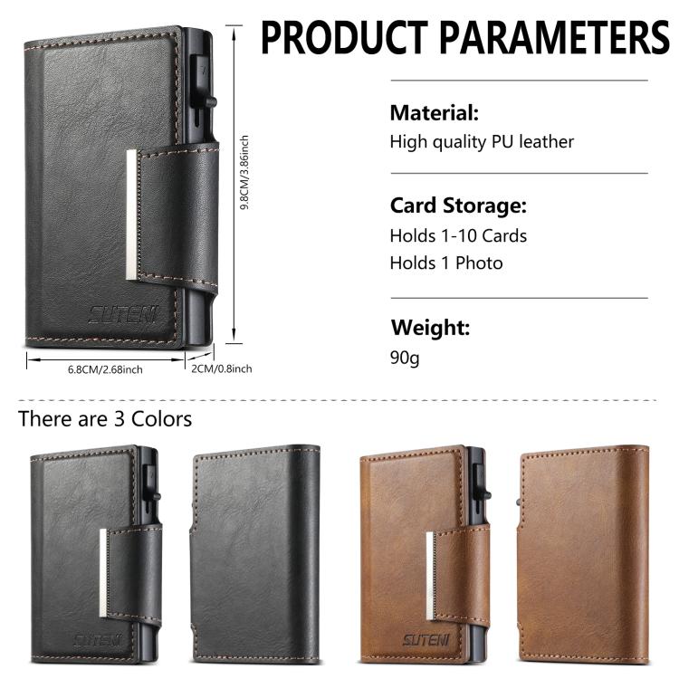 Suteni oil wax-patterned left and right buckle buttons automatically pop out the card box(Black)