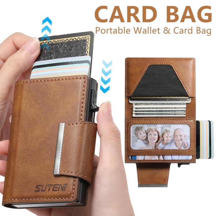 Suteni oil wax-patterned left and right buckle buttons automatically pop out the card box(Brown)