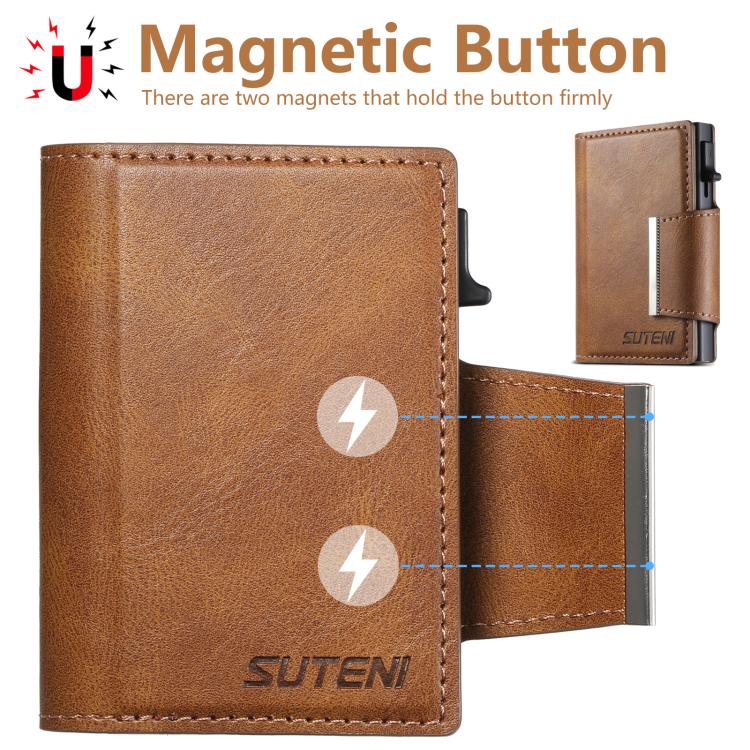 Suteni oil wax-patterned left and right buckle buttons automatically pop out the card box(Brown)