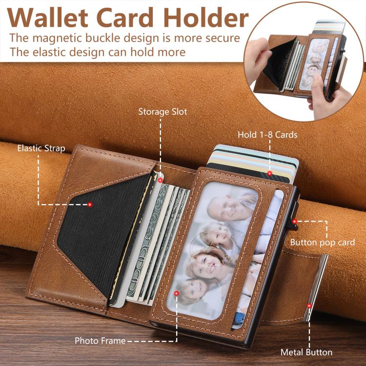 Suteni oil wax-patterned left and right buckle buttons automatically pop out the card box(Brown)