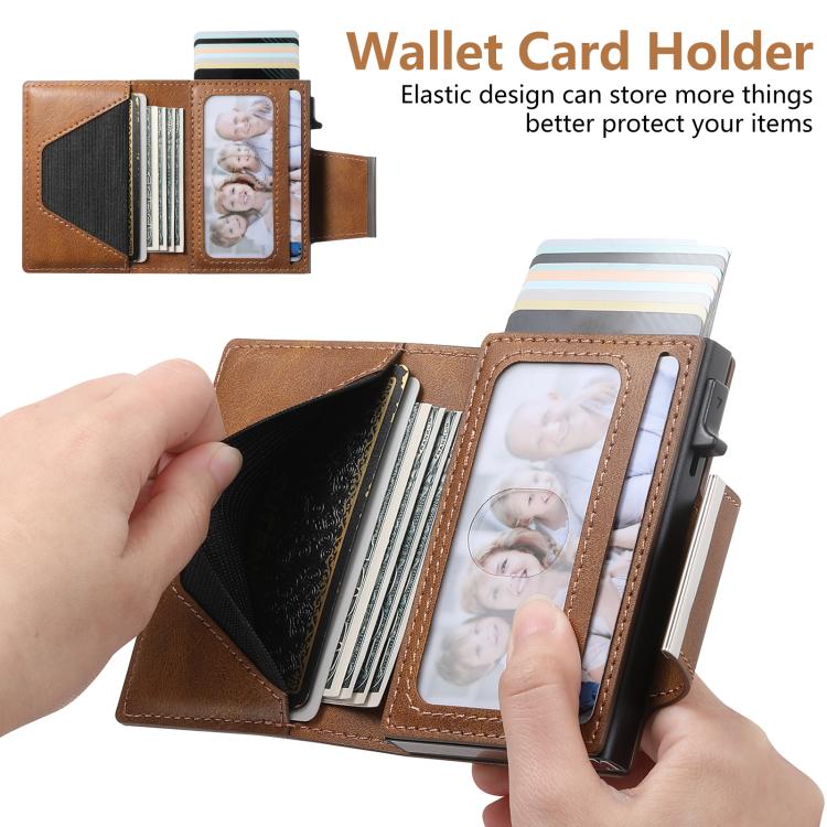 Suteni oil wax-patterned left and right buckle buttons automatically pop out the card box(Brown)