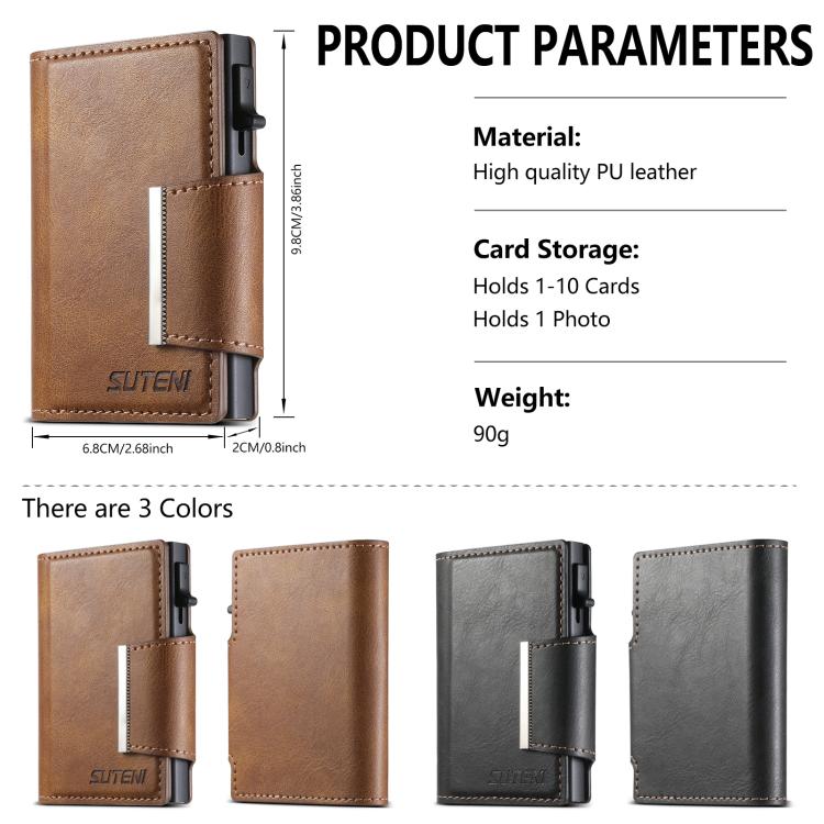 Suteni oil wax-patterned left and right buckle buttons automatically pop out the card box(Brown)