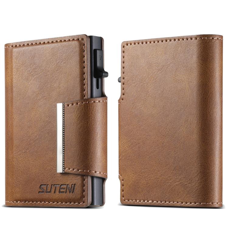 Suteni oil wax-patterned left and right buckle buttons automatically pop out the card box(Brown)