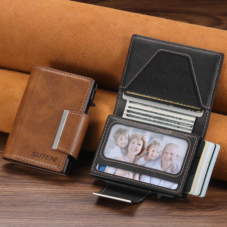 Suteni oil wax-patterned left and right buckle buttons automatically pop out the card box(Brown)