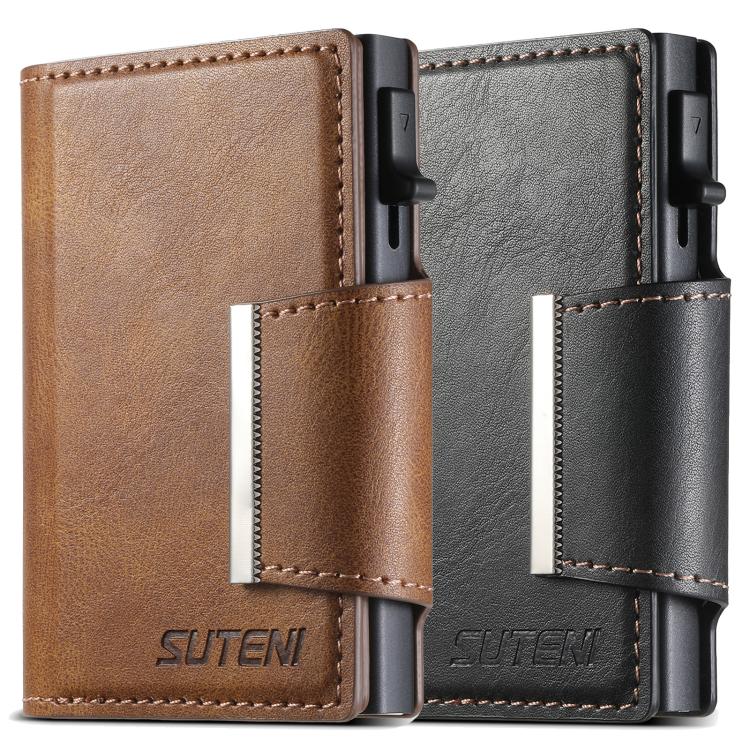 Suteni oil wax-patterned left and right buckle buttons automatically pop out the card box(Brown)
