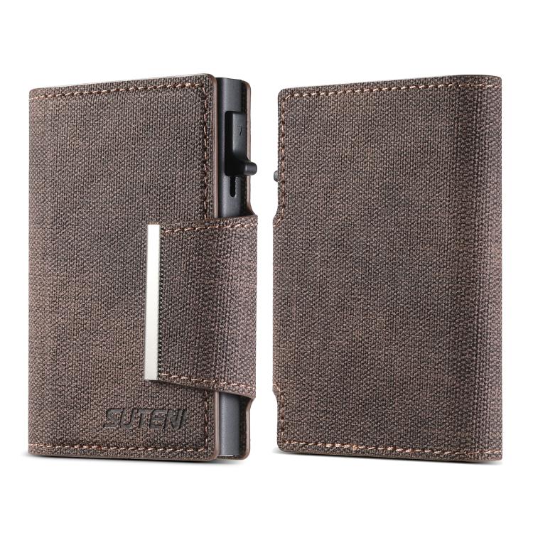 Suteni Denim Buckle Button Automatically Pops Out the Card Box(Brown)
