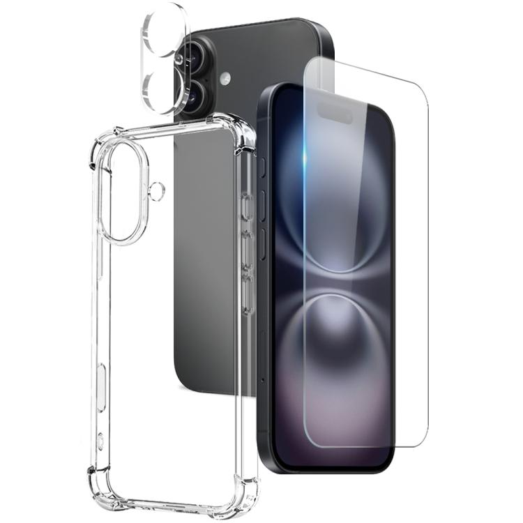 For iPhone 16 NORTHJO 3 in 1 TPU Airbag Shockproof Phone Case with Screen Protector Lens Film(Clear)