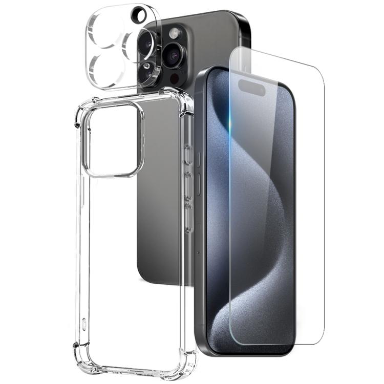 For iPhone 15 Pro NORTHJO 3 in 1 TPU Airbag Shockproof Phone Case with Screen Protector Lens Film(Clear)