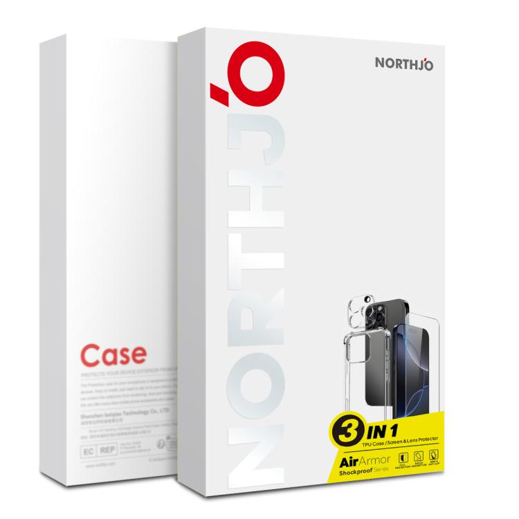 For iPhone 15 NORTHJO 3 in 1 TPU Airbag Shockproof Phone Case with Screen Protector Lens Film(Clear)