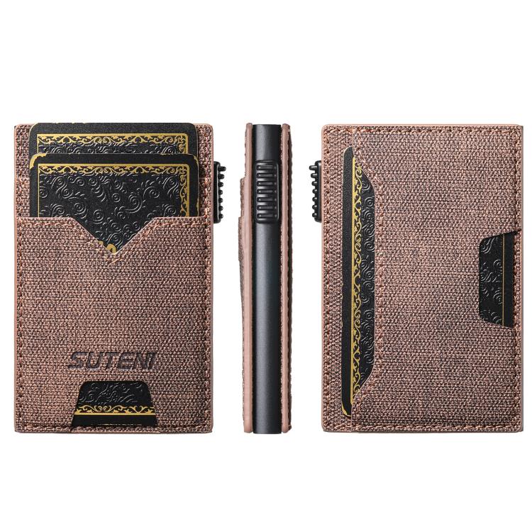 The Suteni denim double-sided card slot button automatically ejects the card box(Brown)