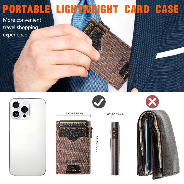 The Suteni denim double-sided card slot button automatically ejects the card box(Brown)