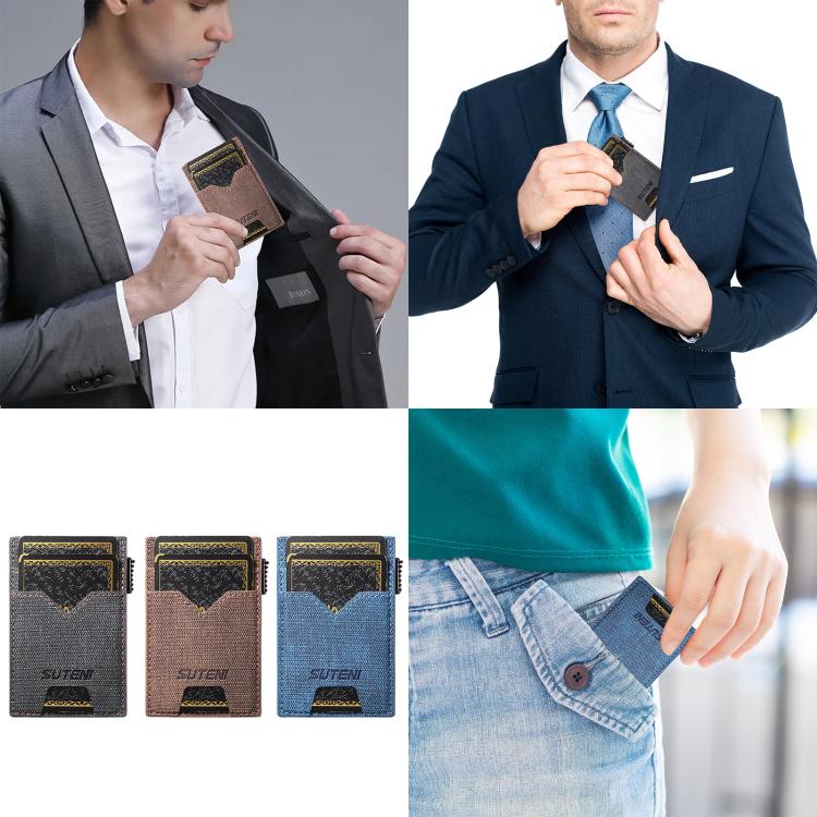 The Suteni denim double-sided card slot button automatically ejects the card box(Brown)