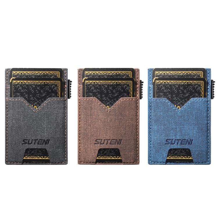 The Suteni denim double-sided card slot button automatically ejects the card box(Brown)