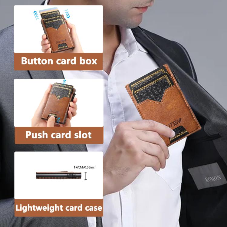 The Suteni denim double-sided card slot button automatically ejects the card box(Brown)