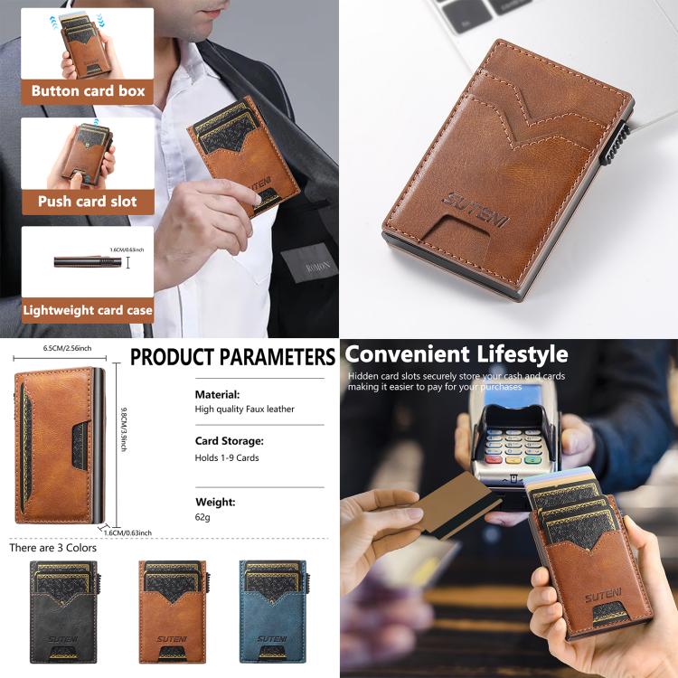The Suteni denim double-sided card slot button automatically ejects the card box(Brown)