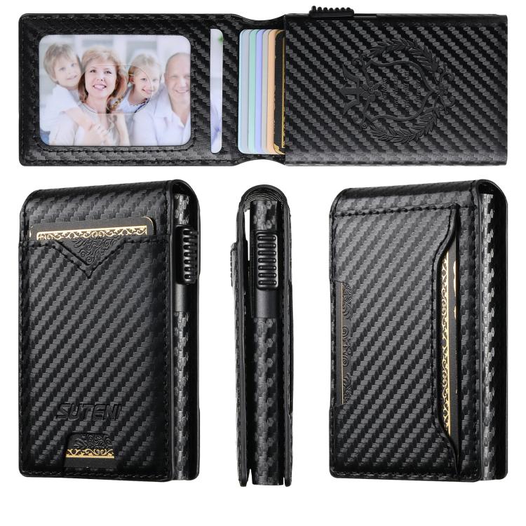 The Suteni carbon fiber pattern button automatically pops out the veneered printed card box(Black)