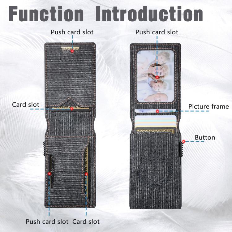 The Suteni denim pattern button automatically pops out the veneered printed card box(Black)