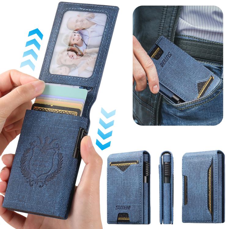 The Suteni denim pattern button automatically pops out the veneered printed card box(Blue)
