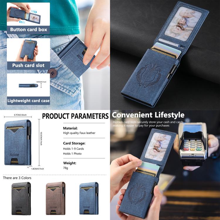 The Suteni denim pattern button automatically pops out the veneered printed card box(Blue)