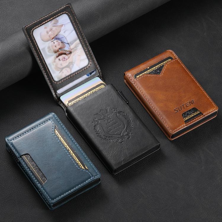 The Suteni oil wax pattern button automatically pops out the veneered printed card box(Blue)