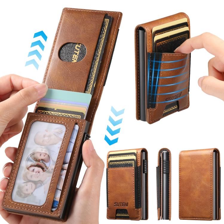The Suteni oil wax pattern button automatically pops out the elastic band card box(Brown)